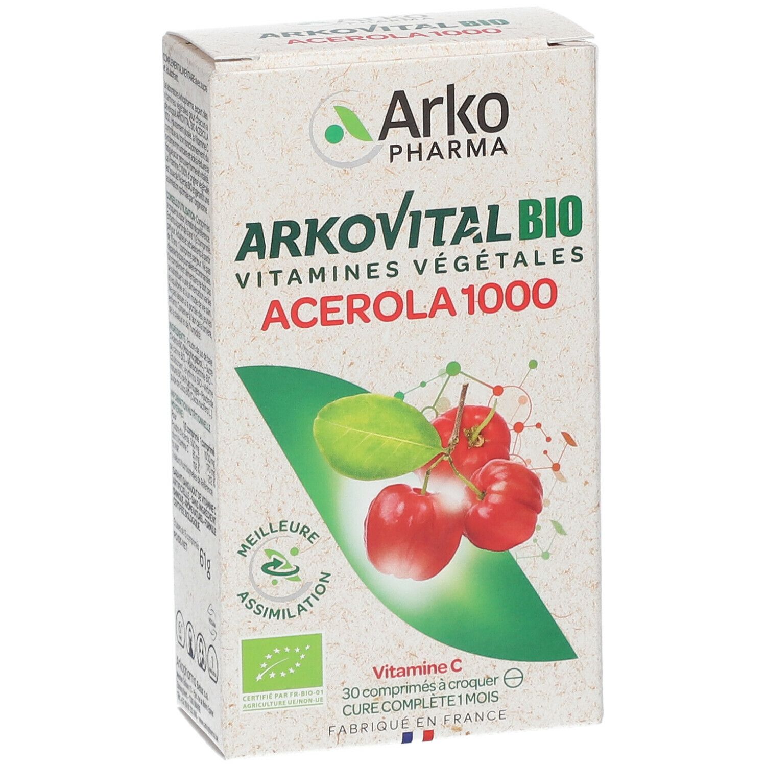 Doosje Arkopharma Arkovital Acerola 1000. Bedrukt met productnaam, kersafbeelding en biologisch keurmerk.