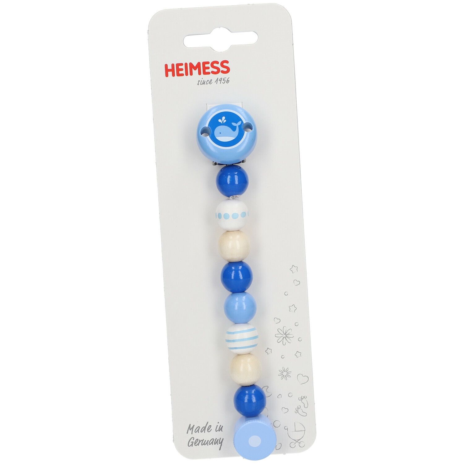 Speenketting met blauwe en witte houten kralen. Bovenkant clip met walvismotief. Op de verpakking staat "HEIMESS".