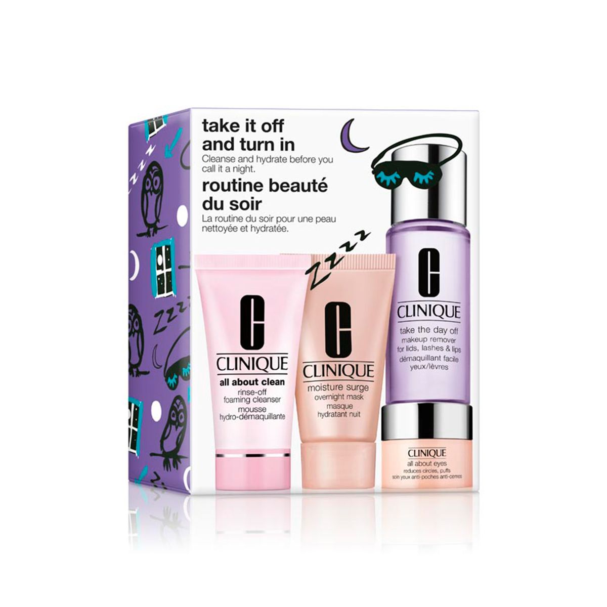 Geschenkset mit vier CLINIQUE-Produkten: Reinigungsschaum, Feuchtigkeitsmaske, Augencreme und Make-up-Entferner. Verpackung mit Eulen-Design.