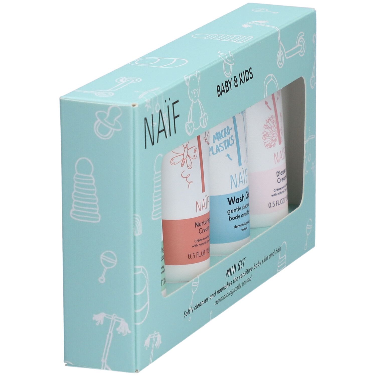 NAÏF Baby & Kids Mini Set. Lichtblauwe doos met drie tubes. Bevat crème, wasgel en luiercrème. Venster.