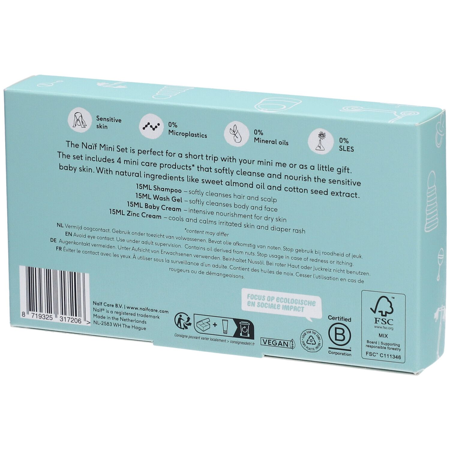 Achterkant van de NAÏF Baby & Kids Mini Set. Tekst met ingrediënten en certificeringen. Lichtblauwe doos.