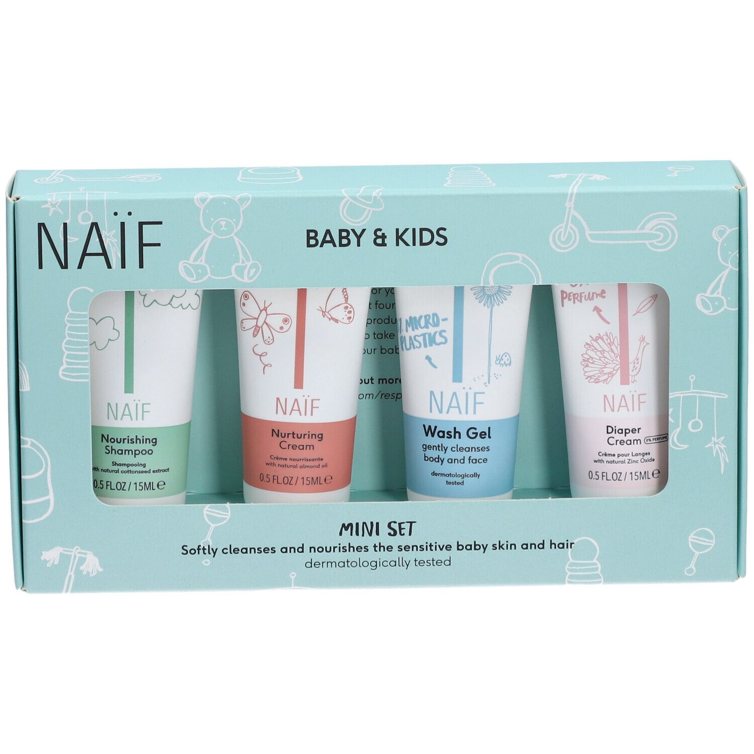 NAÏF Baby & Kids Mini Set. Vier tubes in een lichtblauwe doos. Bevat shampoo, crème, wasgel en luiercrème.
