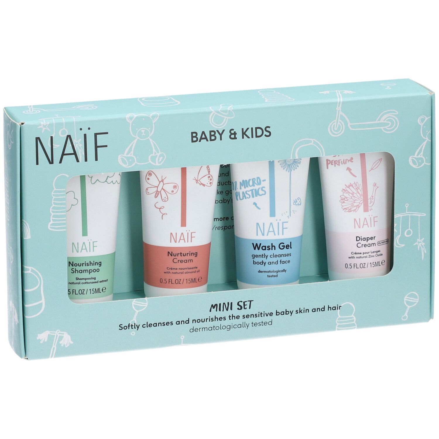 NAÏF Baby & Kids Mini Set. Vier tubes in een lichtblauwe doos. Bevat shampoo, crème, wasgel en luiercrème.