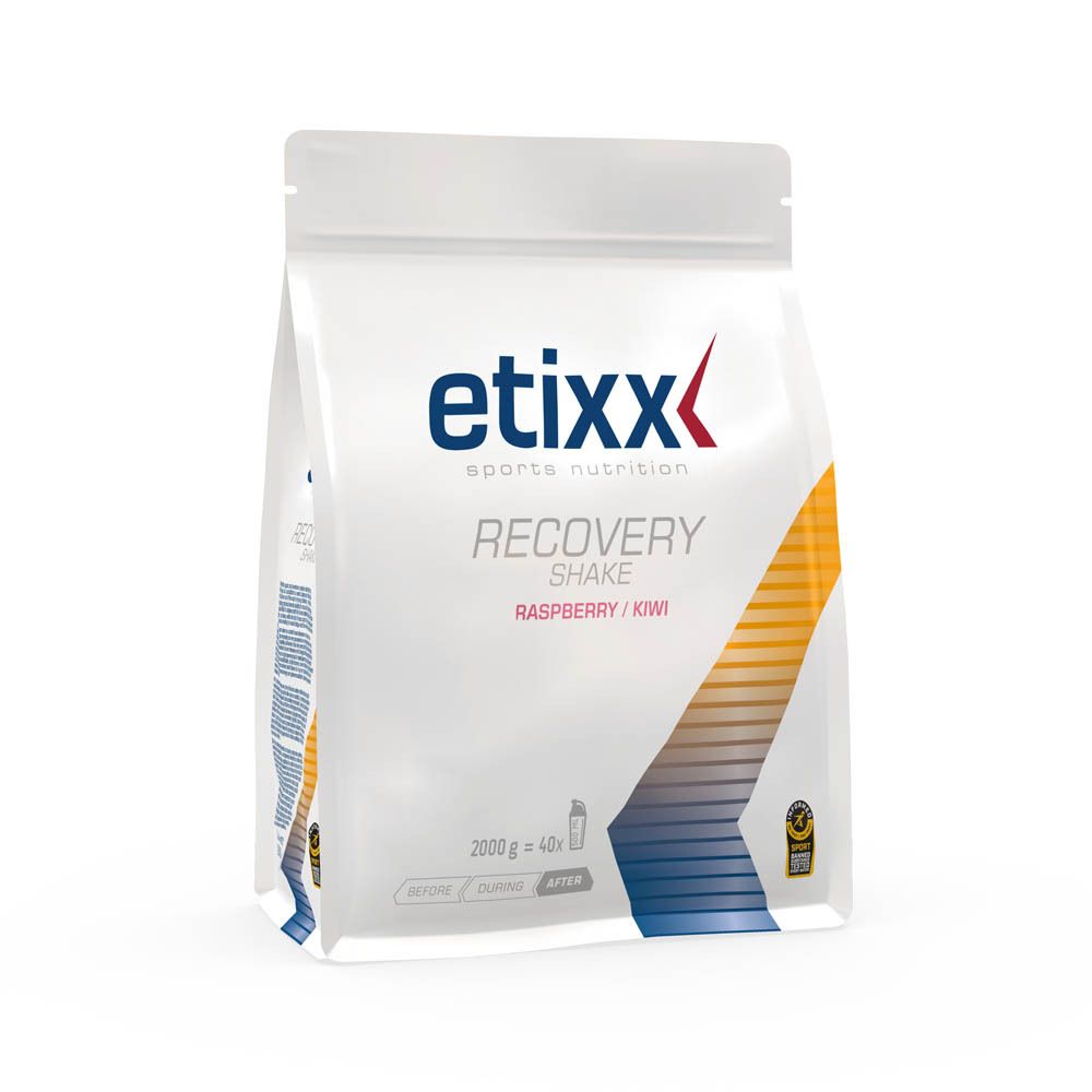 Witte zak met "etixx" logo en "Recovery Shake Raspberry/Kiwi". Verpakking van 2000g.