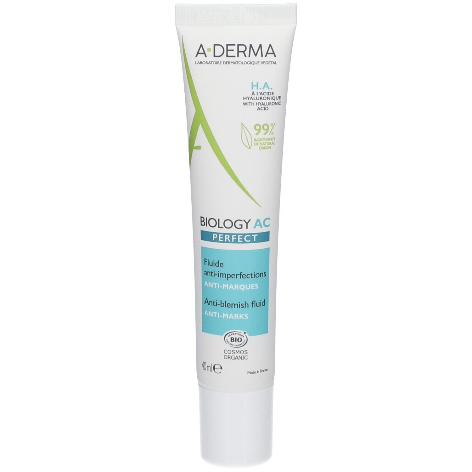 A-Derma Biology AC Perfect Anti-Blemish Fluid Tube mit Hyaluronsäure, 40ml. COSMOS ORGANIC zertifiziert.