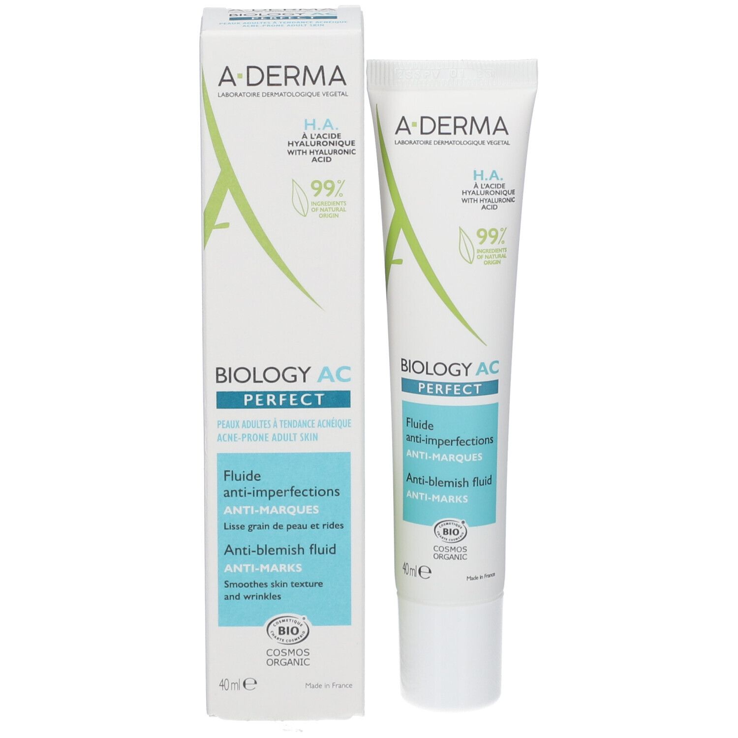A-Derma Biology AC Perfect Anti-Blemish Fluid in 40ml tube and box. Contains Hyaluronic Acid. Certified Organic.