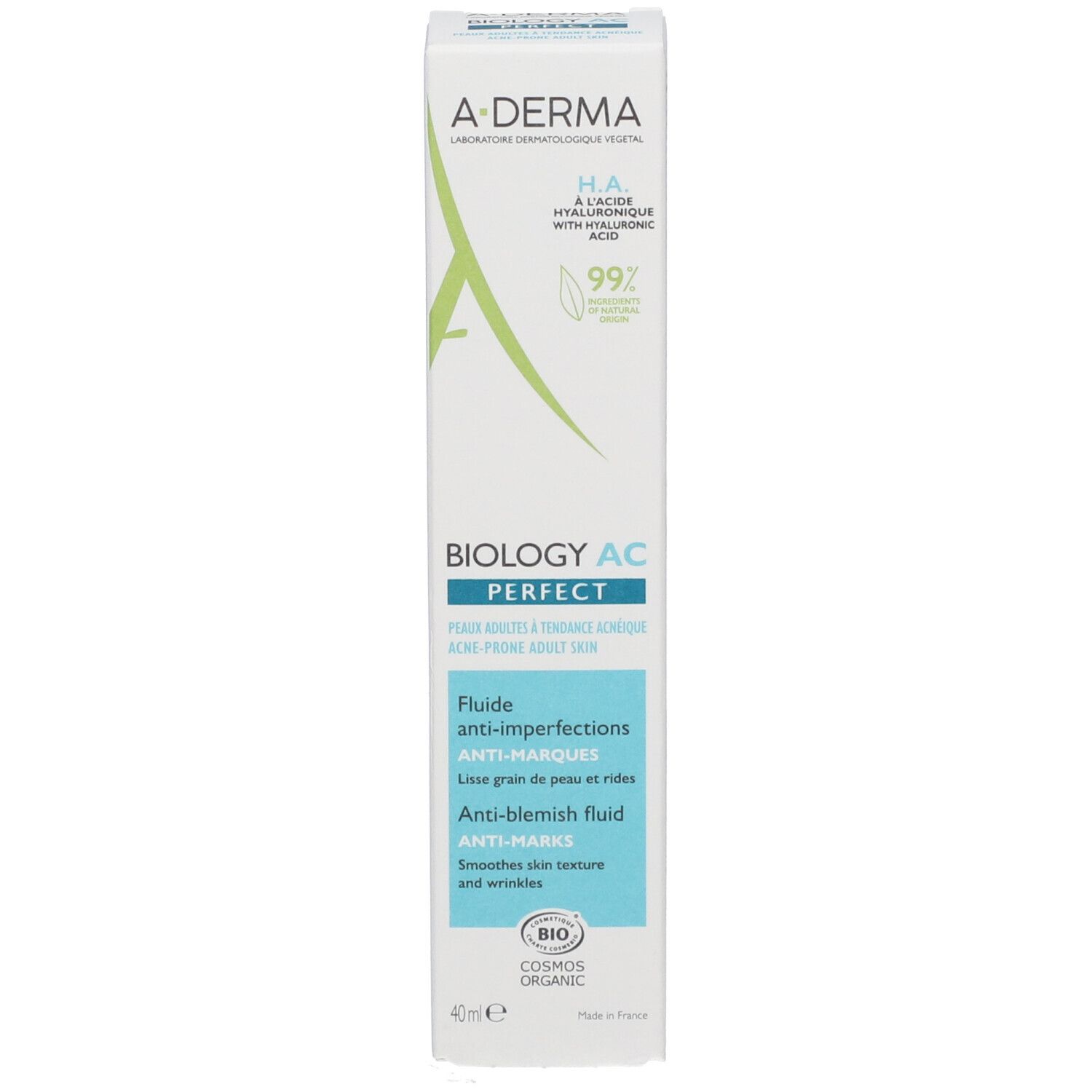 A-Derma Biology AC Perfect Fluid: Anti-Unreinheiten, 40ml, mit Hyaluronsäure, BIO COSMOS ORGANIC zertifiziert.