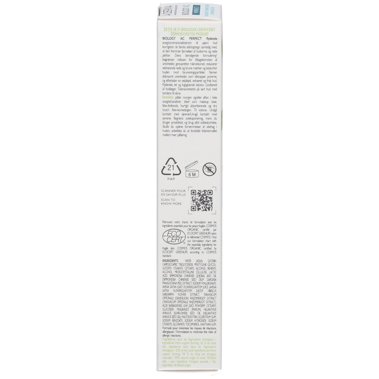 Verpackung mit Text und Symbolen, darunter ein ECO CERT-Siegel.