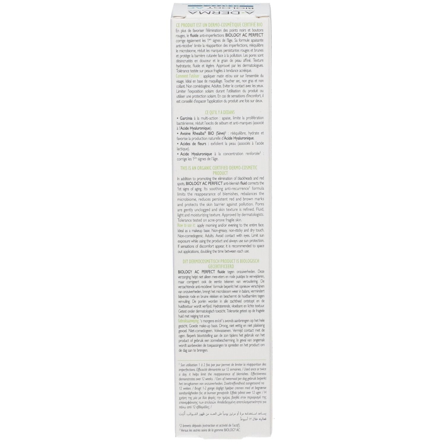 A-Derma Biology AC Perfect Fluid Box mit Produktinformationen in mehreren Sprachen.