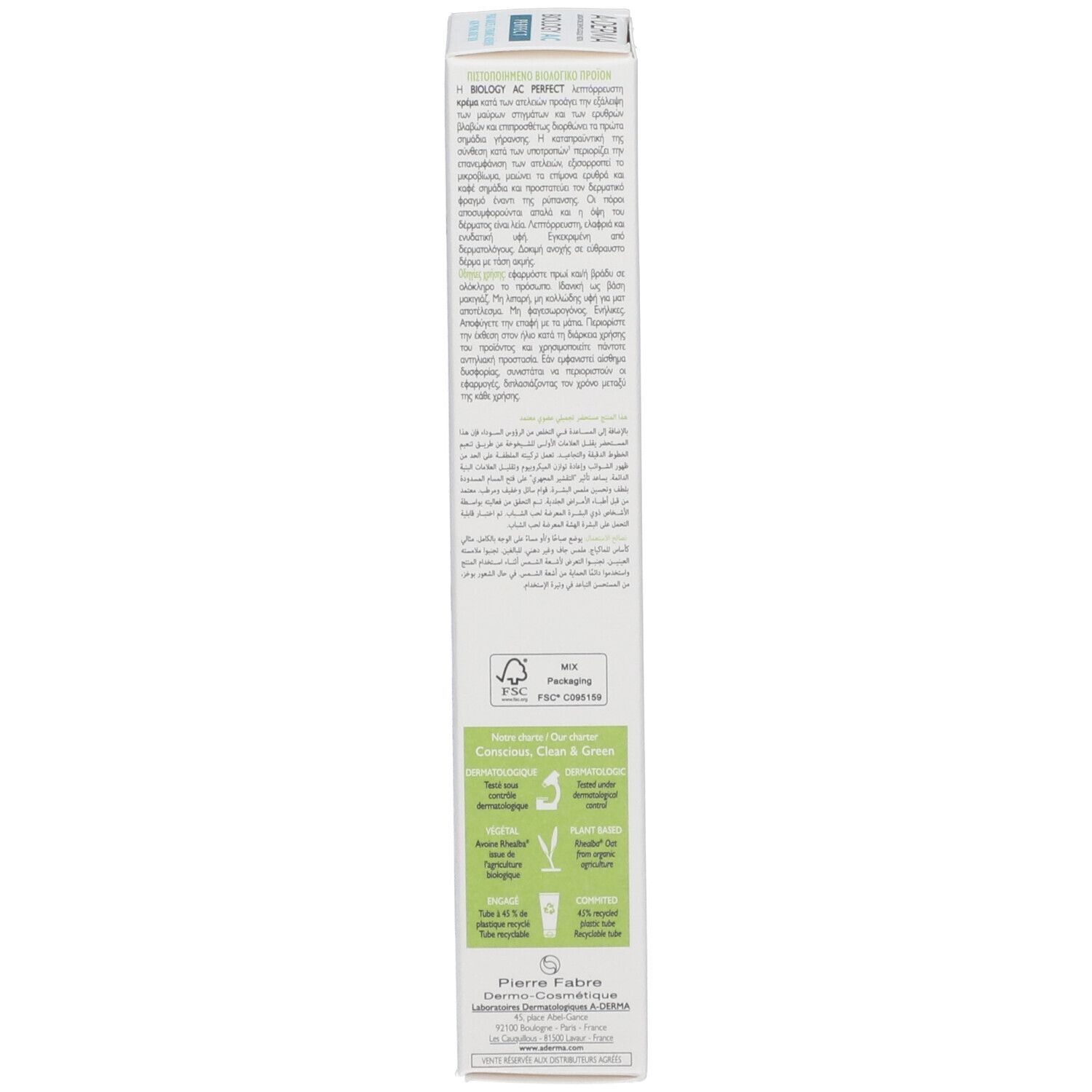 Weiße Verpackung mit Text in verschiedenen Sprachen und grünen Symbolen.