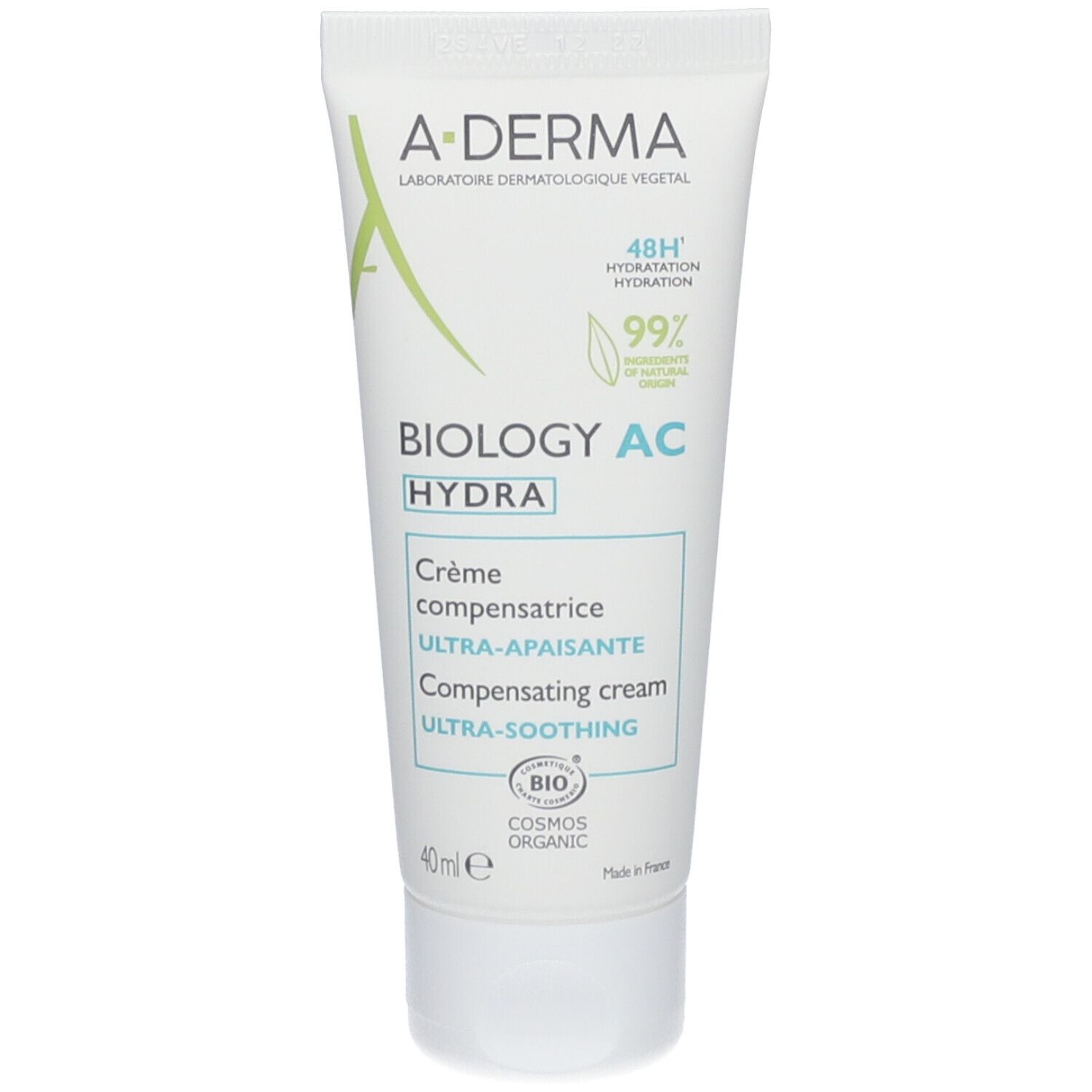 A-Derma Biology AC Hydra Creme: 40ml Tube, 48h Feuchtigkeit, 99% natürliche Inhaltsstoffe, BIO COSMOS ORGANIC zertifiziert.
