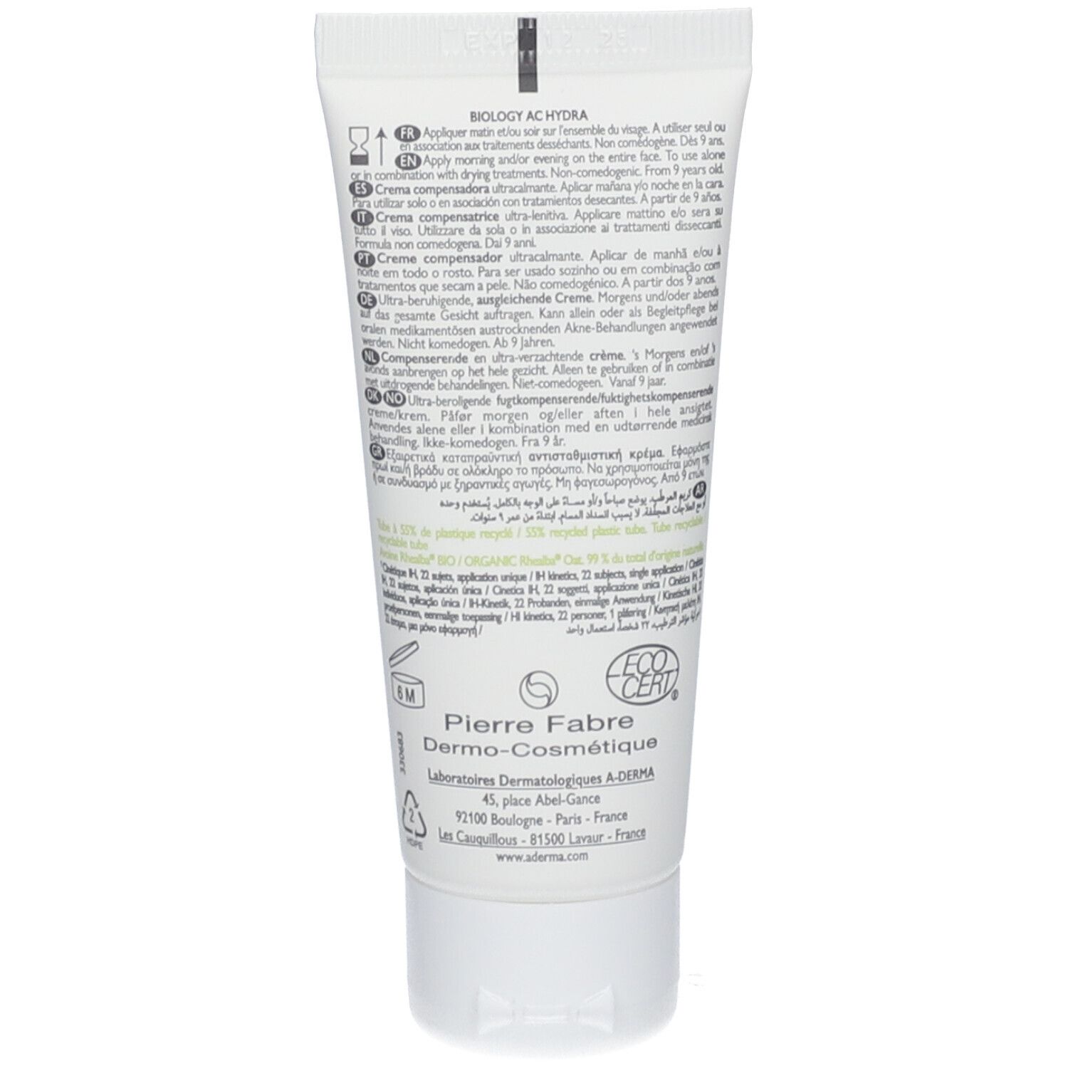 Weiße Tube mit Produktinformationen und dem Logo von Pierre Fabre Dermo-Cosmétique.