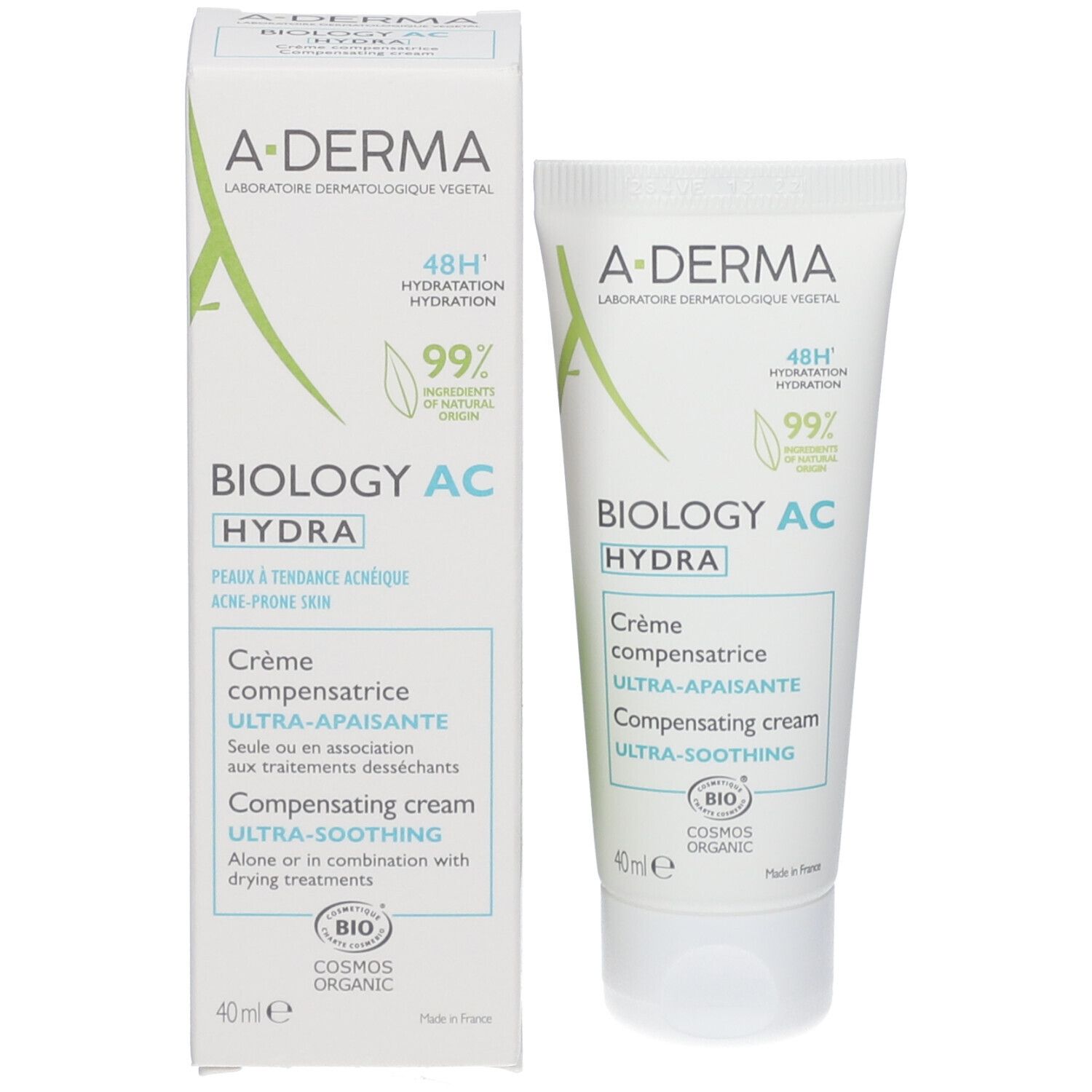 A-Derma Biology AC Hydra: 40ml Tube und Karton mit beruhigender Ausgleichscreme für unreine Haut.