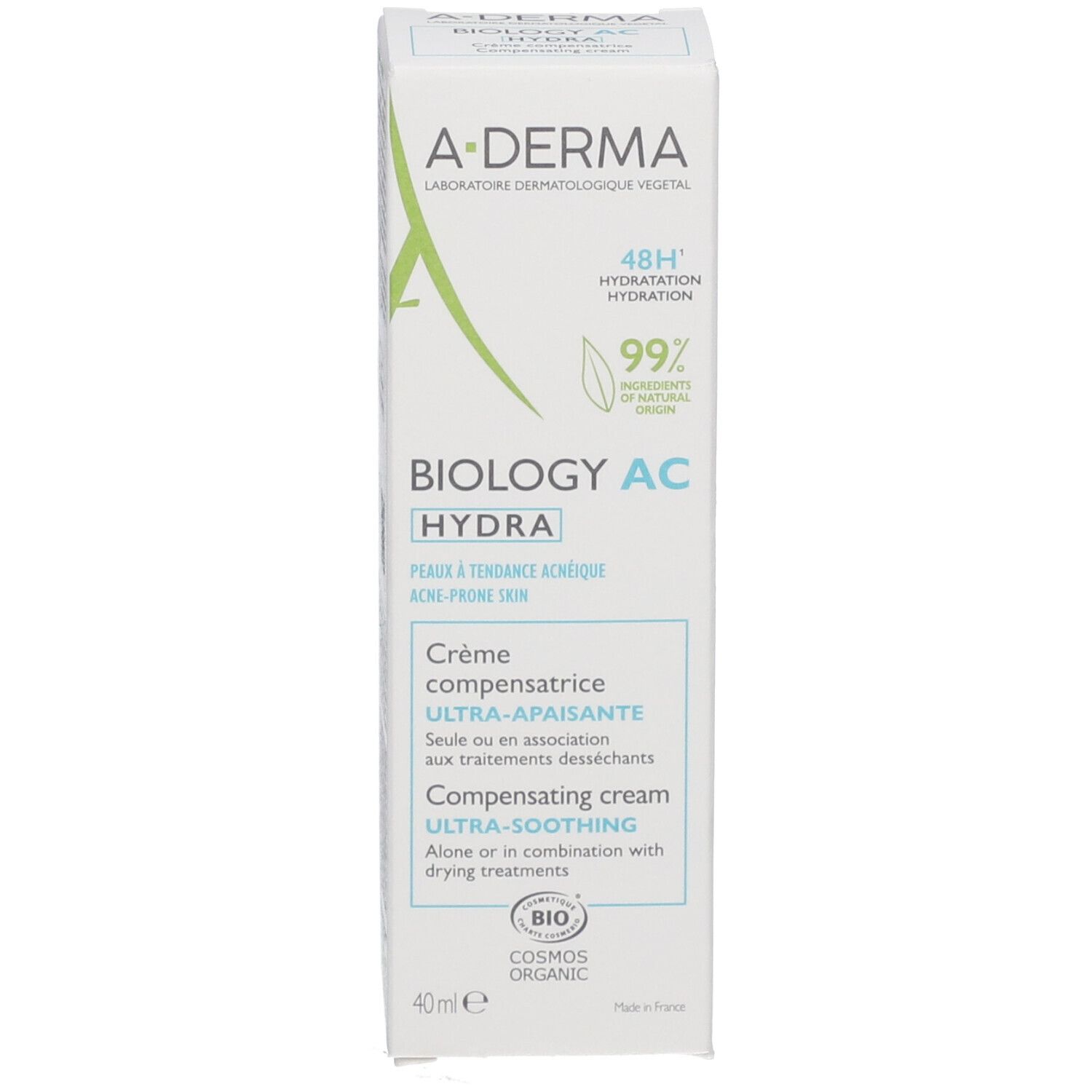 A-Derma Biology AC Hydra: 40ml Compensating Cream für unreine Haut, 99% natürliche Inhaltsstoffe.