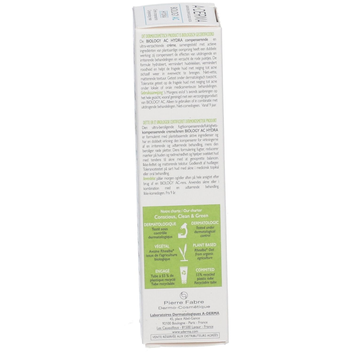 Verpackung von BIOLOGY AC HYDRA mit Text und Siegeln.