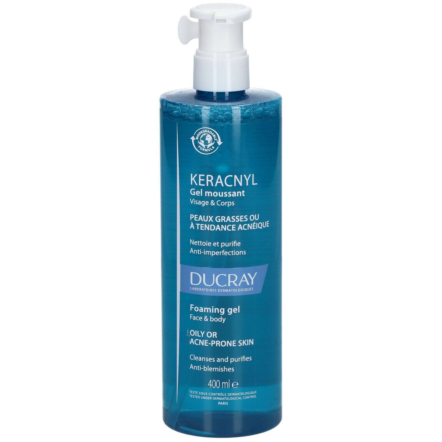 Blauwe transparante fles met witte pomp. Opschrift: KERACNYL, Gel moussant, Visage & Corps, DUCRAY.