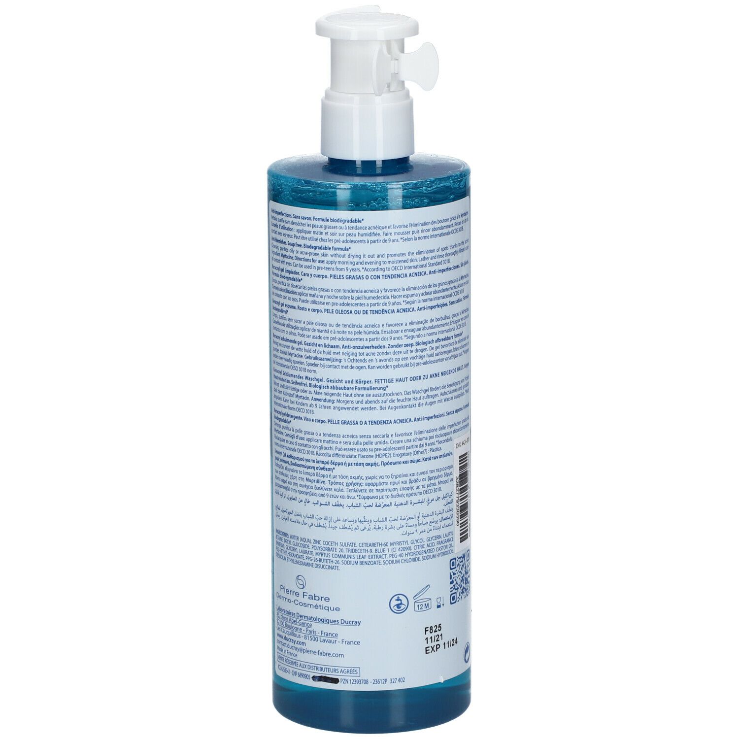 Achterkant van de blauwe fles met tekst. Opschrift: Pierre Fabre, EXP 11/25. QR-code.
