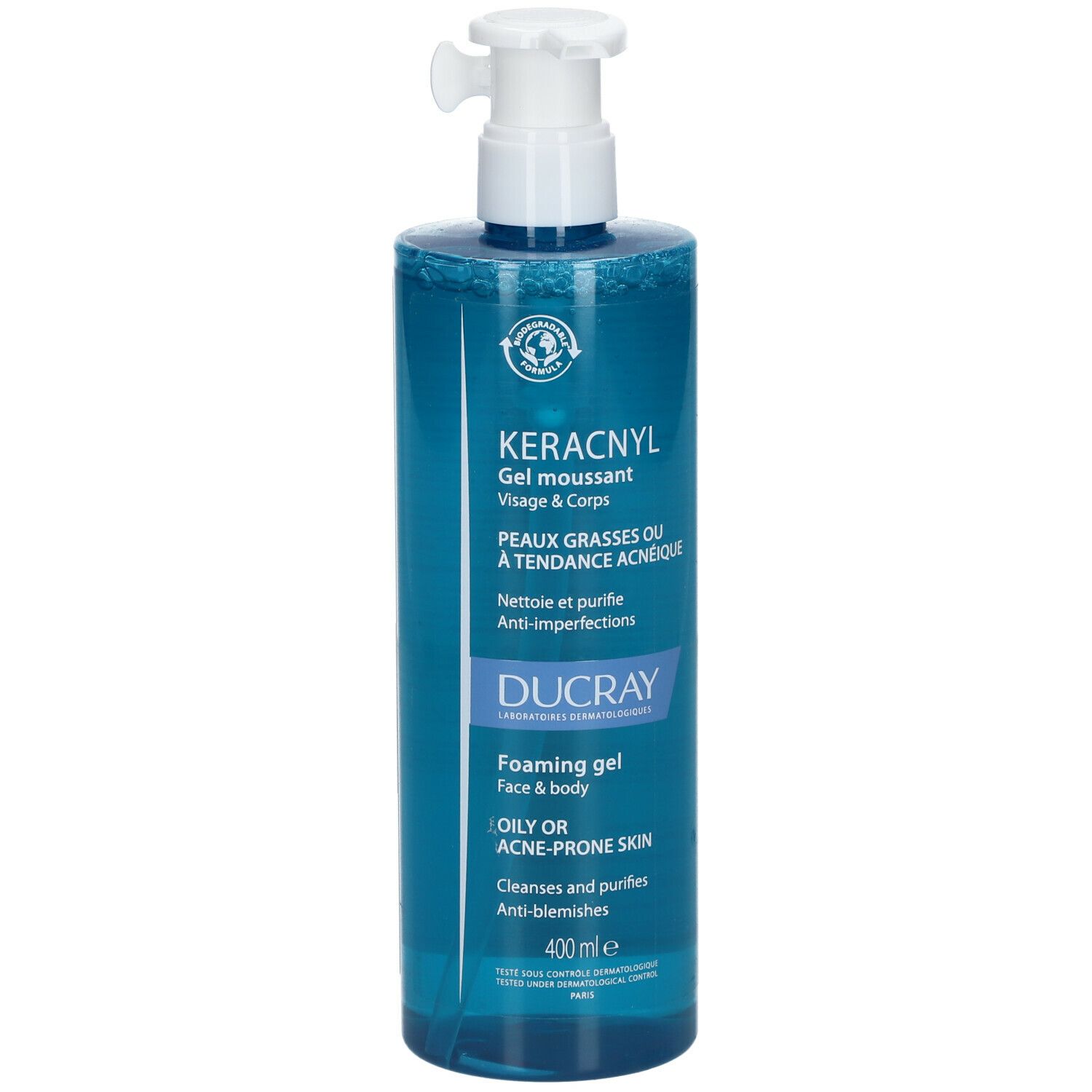 Blauwe transparante fles met witte pomp. Opschrift: KERACNYL, Gel moussant, Visage & Corps, DUCRAY.