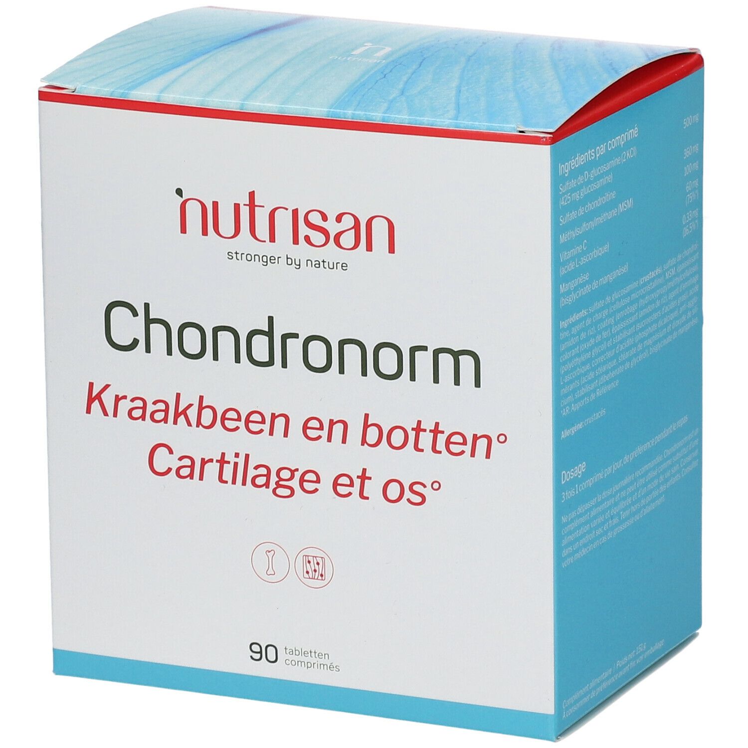 Doos Nutrisan Chondronorm met 90 tabletten. Opschrift: Kraakbeen en botten, Cartilage et os.