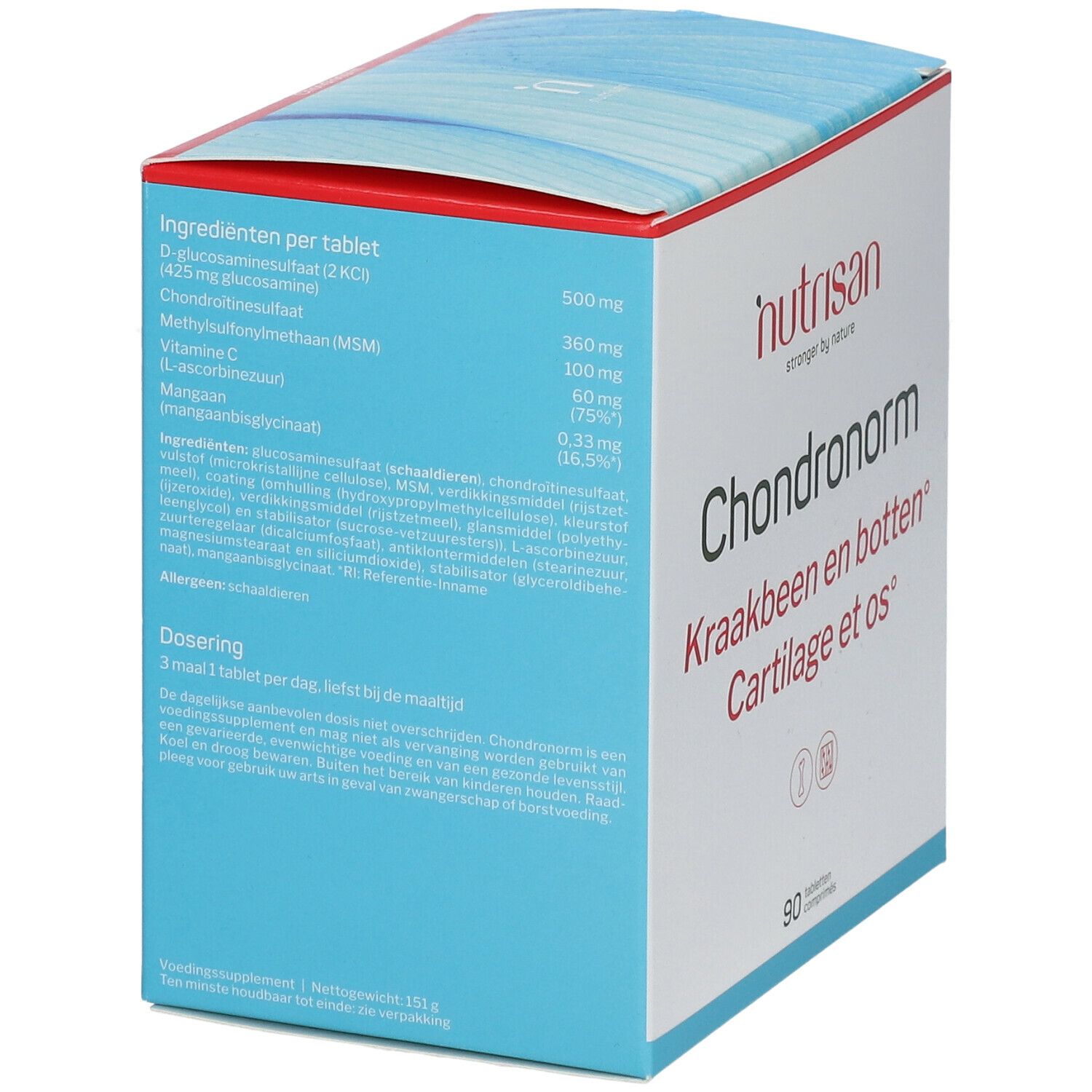 Achterkant verpakking Nutrisan Chondronorm. Bevat ingrediënteninformatie. 90 tabletten.