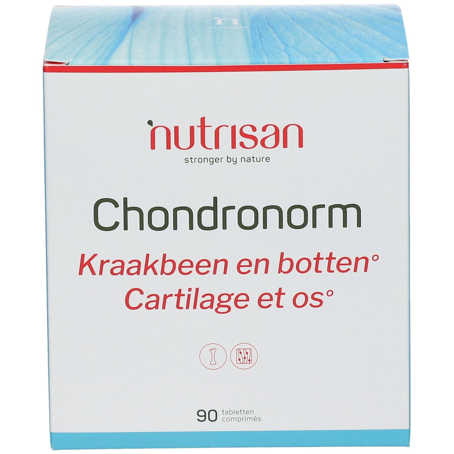 Doos Nutrisan Chondronorm met 90 tabletten. Opschrift: Kraakbeen en botten, Cartilage et os.
