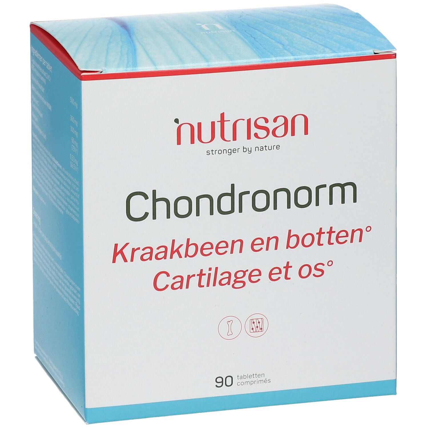 Doos Nutrisan Chondronorm met 90 tabletten. Opschrift: Kraakbeen en botten, Cartilage et os.