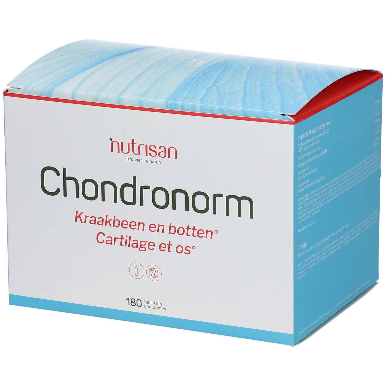 Boîte Nutrisan Chondronorm. Blanche, couvercle bleu. Texte: Chondronorm, Kraakbeen en botten, Cartilage et os. 180 comprimés.