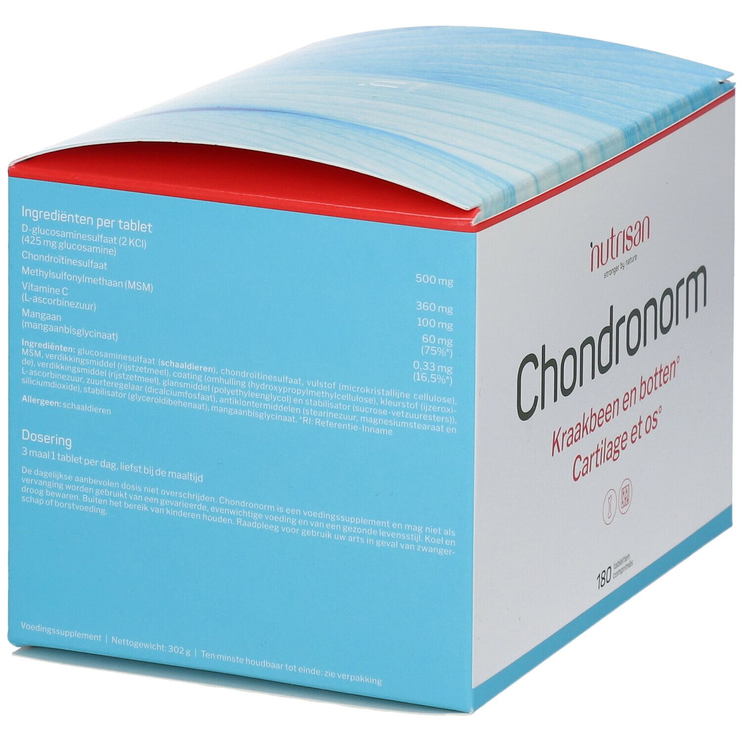 Boîte Nutrisan Chondronorm, vue arrière. Ingrédients par comprimé et posologie. Bleu et blanc. Texte en néerlandais et français.