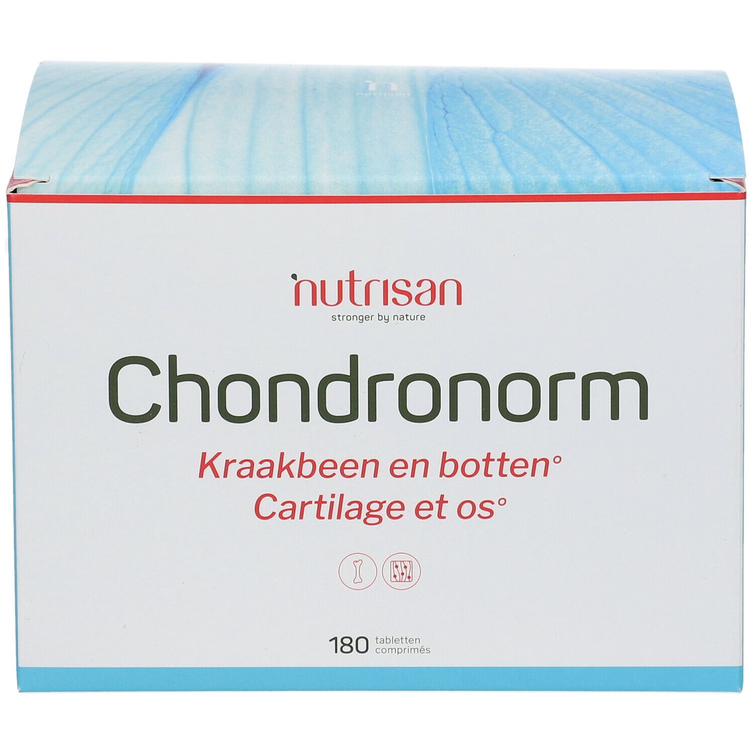 Boîte Nutrisan Chondronorm. Blanche, couvercle bleu. Texte: Chondronorm, Kraakbeen en botten, Cartilage et os. 180 comprimés.