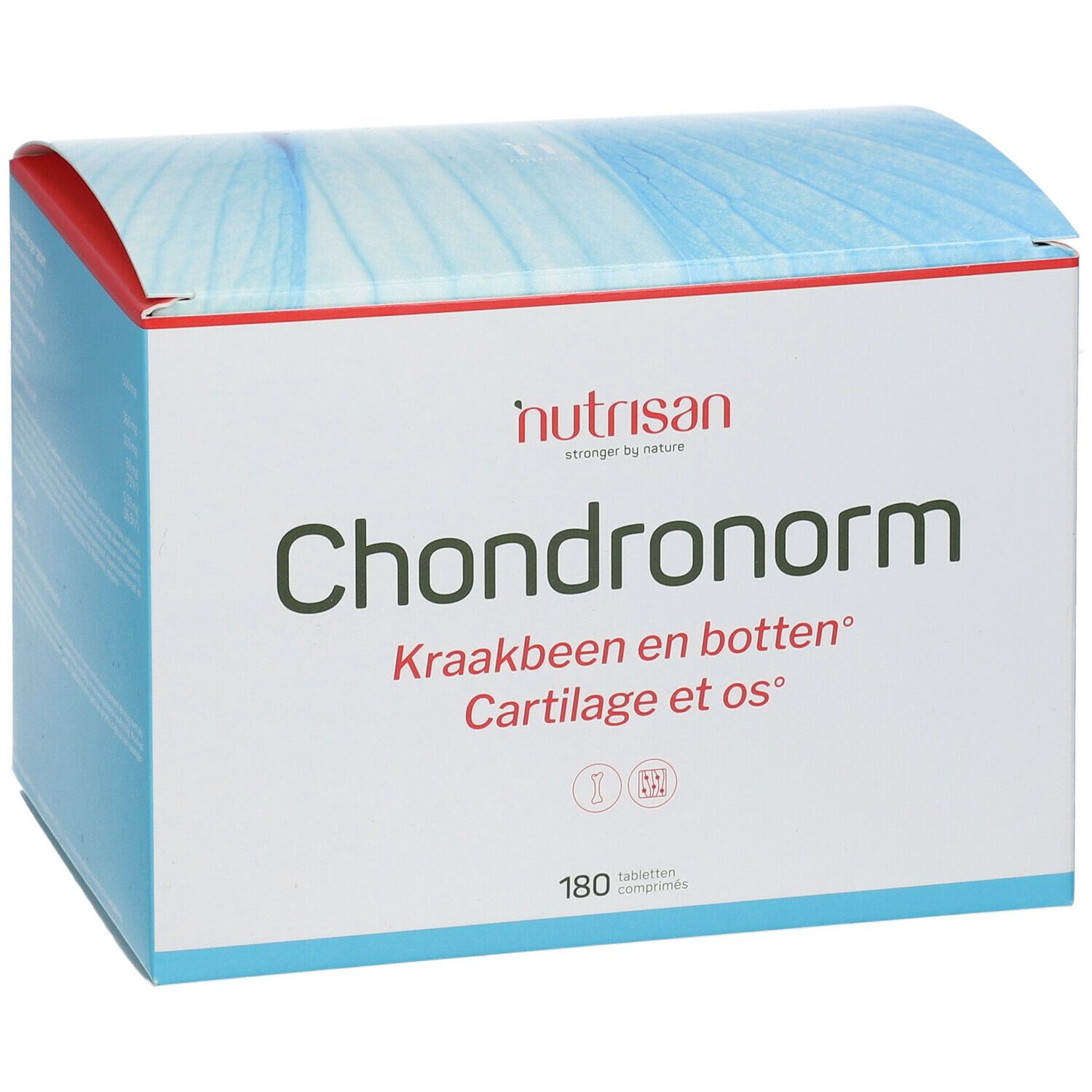 Boîte Nutrisan Chondronorm. Blanche, couvercle bleu. Texte: Chondronorm, Kraakbeen en botten, Cartilage et os. 180 comprimés.