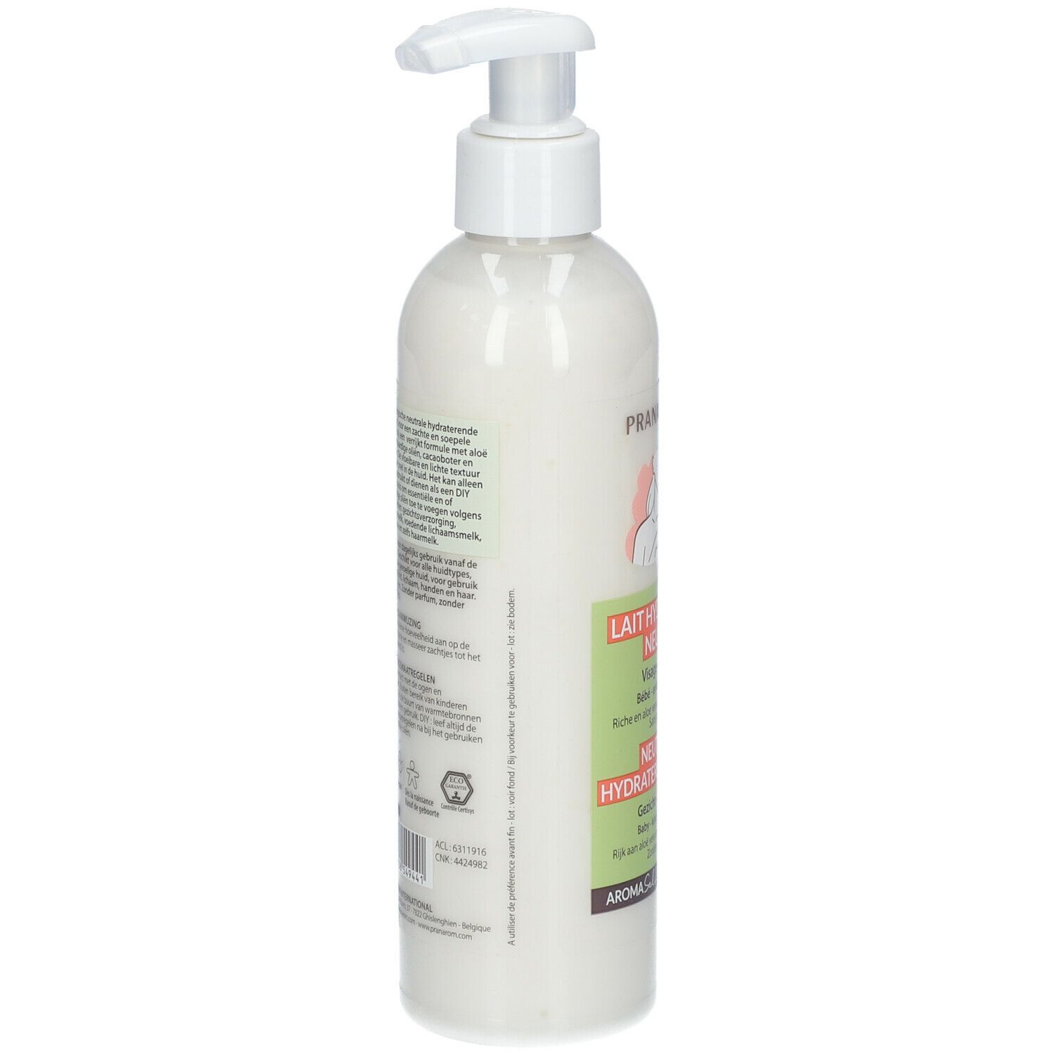 Flasche mit Pumpe. Rückseite mit Text. Bio-Zertifizierung. Vegan-Logo. Informationen über Inhaltsstoffe und Hersteller.