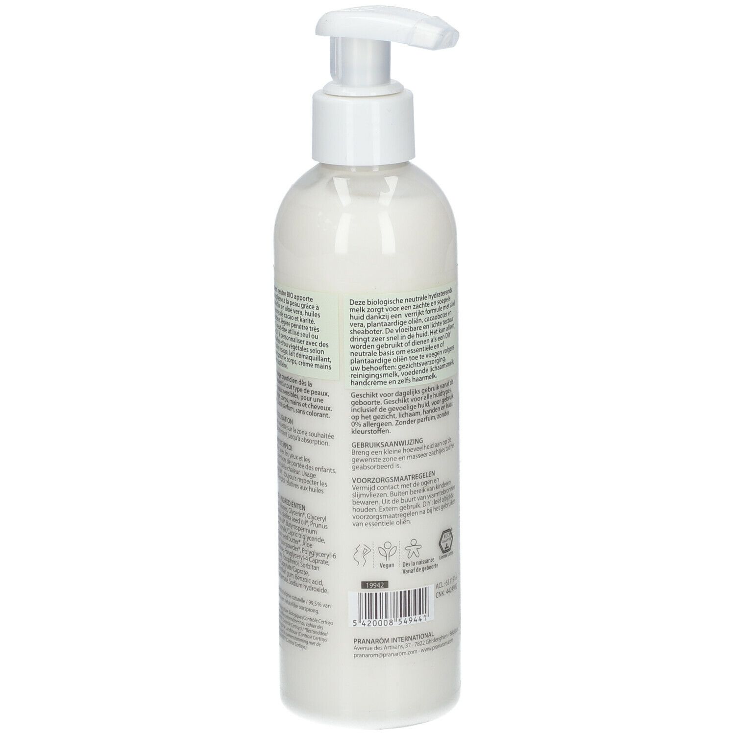 Flasche mit Pumpe. Rückseite mit Text. Bio-Zertifizierung. Vegan-Logo. Informationen über Inhaltsstoffe und Hersteller.