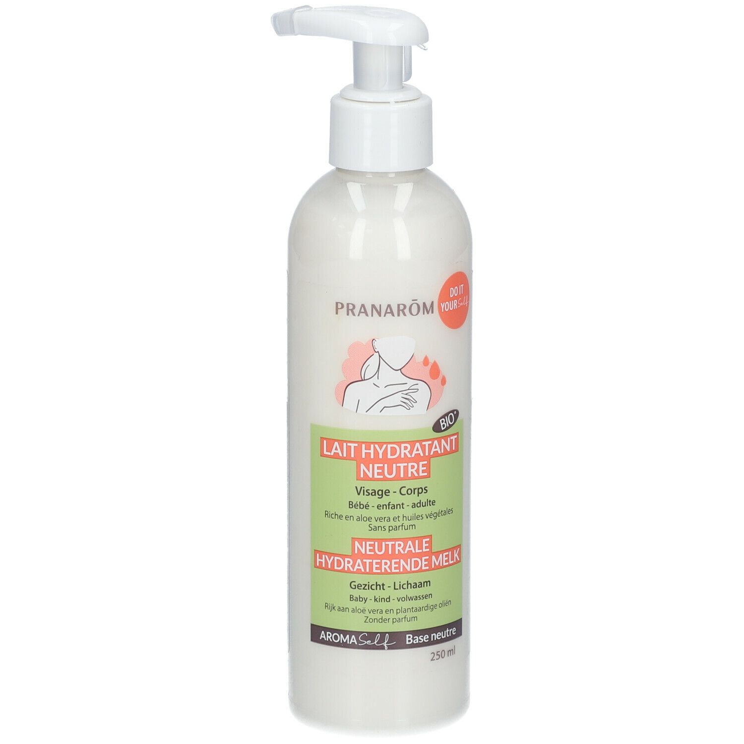 Flasche mit Pumpe. Aufschrift: Pranarôm, Lait Hydratant Neutre, Gesicht-Körper, Baby-Kind-Erwachsene. Bio-Zertifizierung.