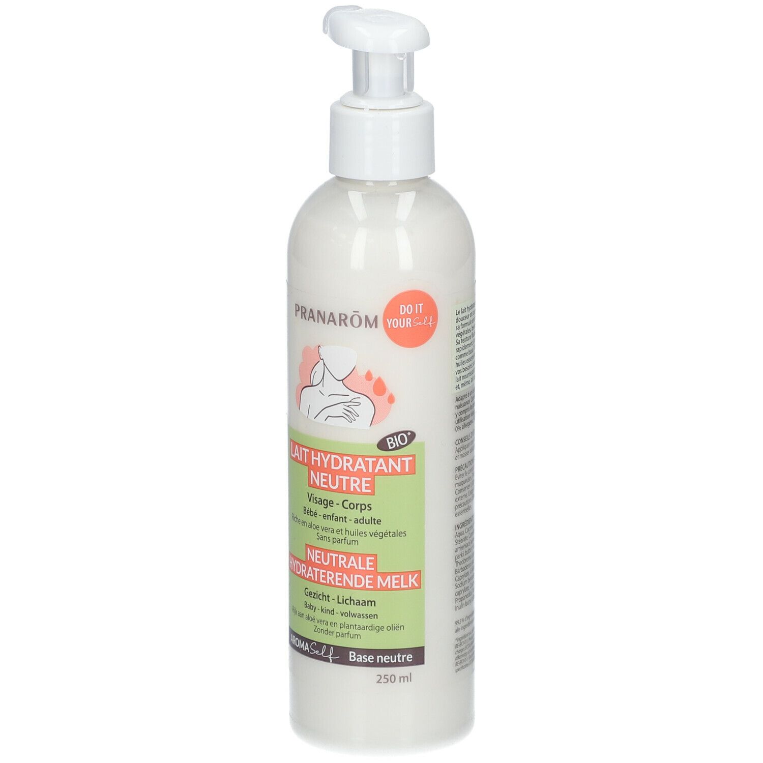 Flasche mit Pumpe. Aufschrift: Pranarôm, Lait Hydratant Neutre, Gesicht-Körper, Baby-Kind-Erwachsene. Bio-Zertifizierung.