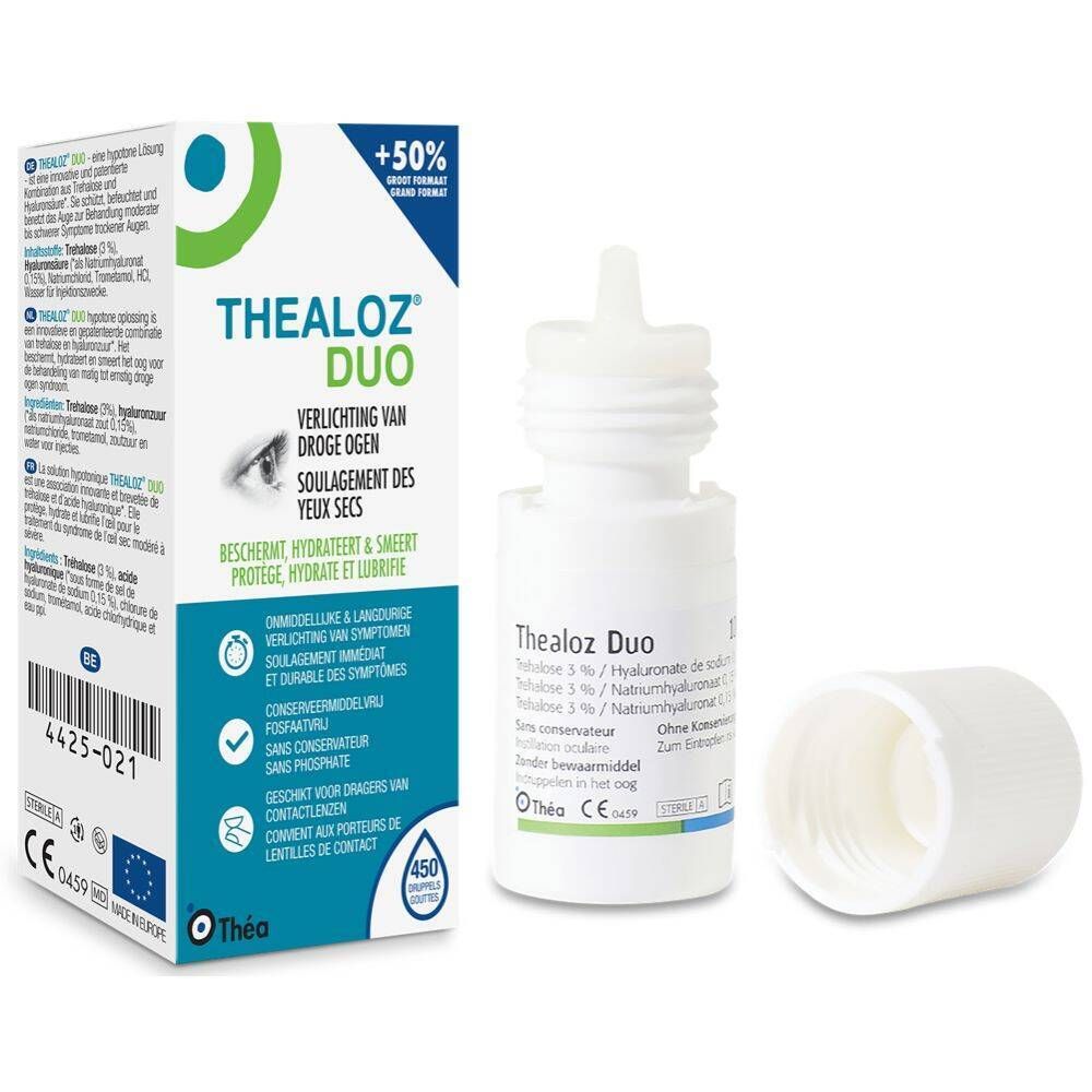 Gouttes oculaires Thealoz Duo et emballage. Flacon blanc avec embout doseur et bouchon. Emballage avec informations produit.