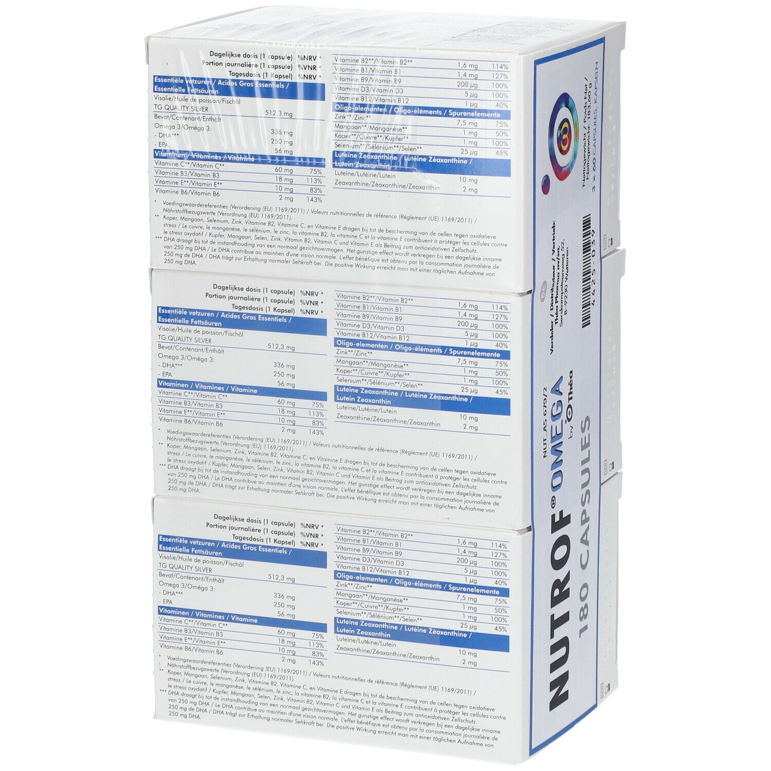 Trois boîtes de Nutrof Omega empilées. Le dos montre des informations sur les ingrédients et les valeurs nutritionnelles.