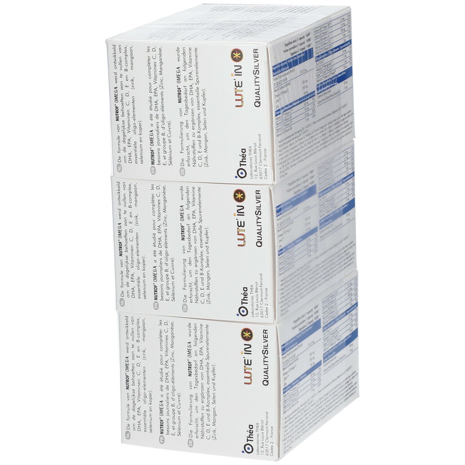 Trois boîtes de Nutrof Omega empilées. Le côté indique Lutein QualitySilver.