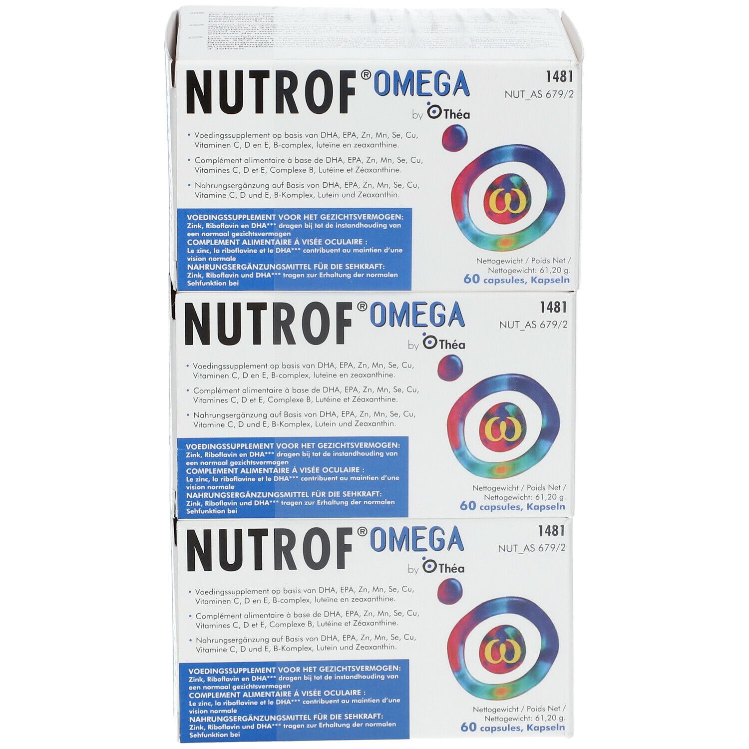 Trois boîtes de Nutrof Omega. Le nom du produit, les ingrédients et la quantité (60 gélules) sont indiqués sur chaque boîte.