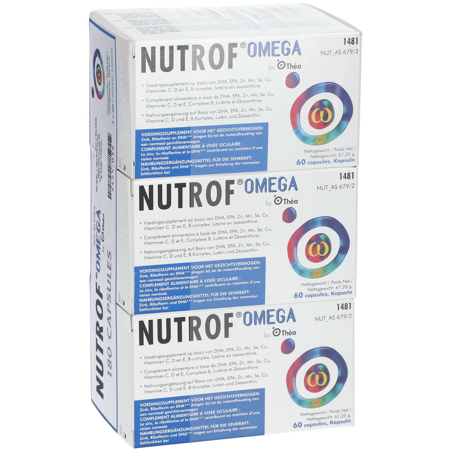 Trois boîtes de Nutrof Omega empilées. Le nom du produit et la quantité (180 gélules) sont indiqués sur le devant.
