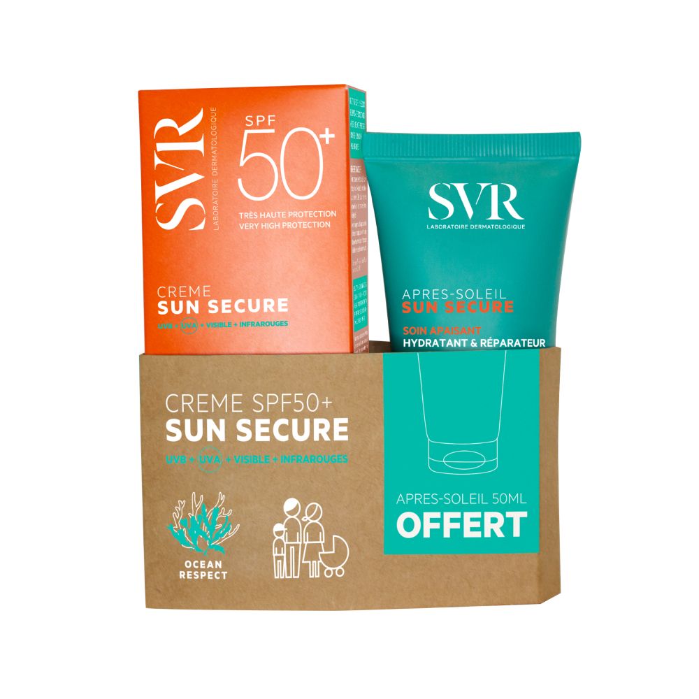 SVR Sun Secure Crème SPF50+ et Après-soleil. Boîte orange SPF50+. Tube turquoise. Emballage brun avec 'Après-soleil offert' et symbole famille.
