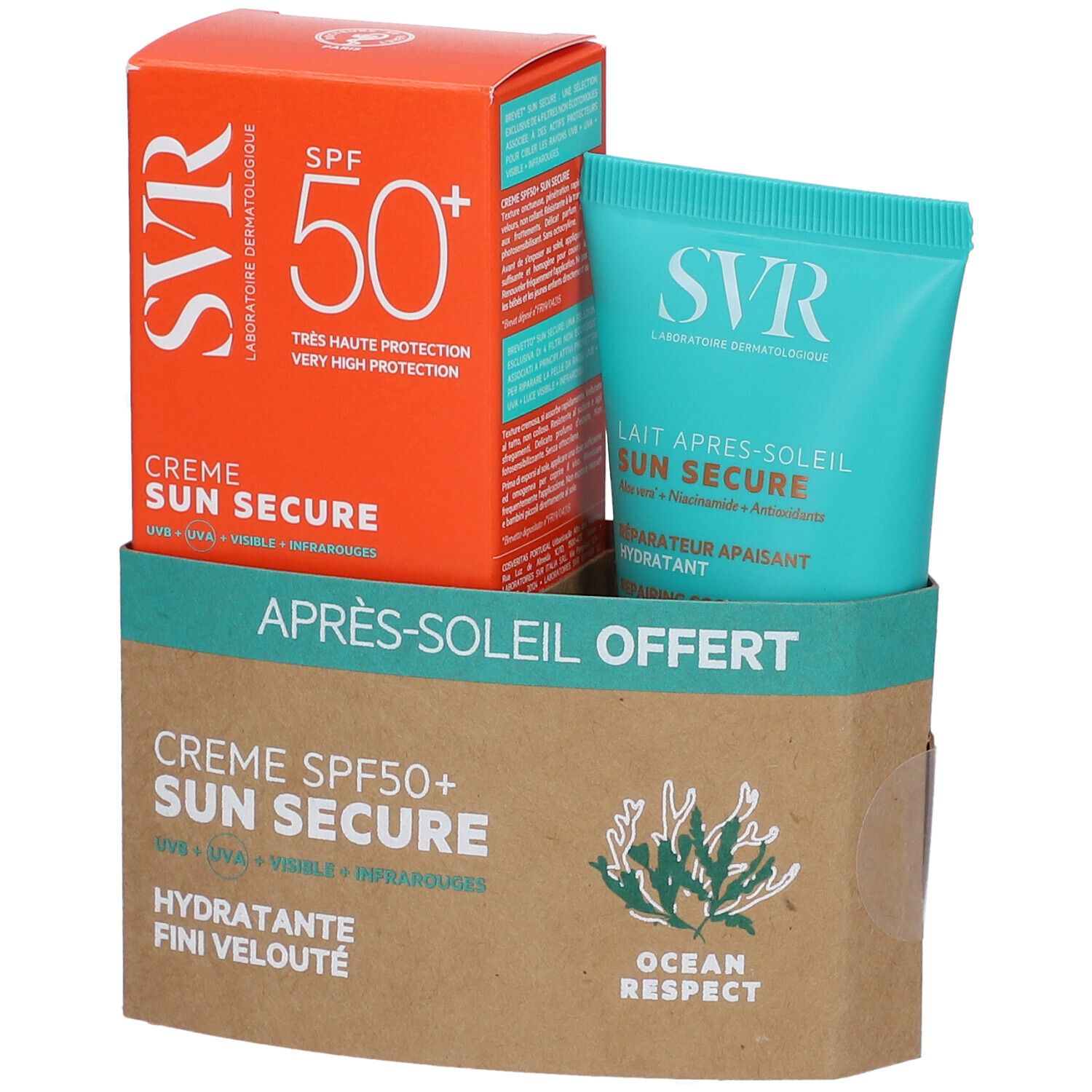 SVR Sun Secure Crème SPF50+ et Après-soleil. Boîte orange SPF50+. Tube turquoise. Emballage brun avec texte 'Après-soleil offert'.