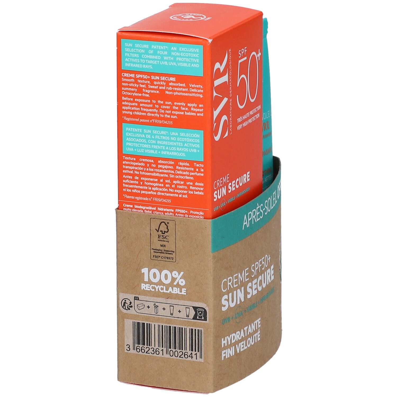 SVR Sun Secure Crème SPF50+ en boîte orange. Impression SPF50+. Emballage brun avec '100% recyclable' et logo FSC.