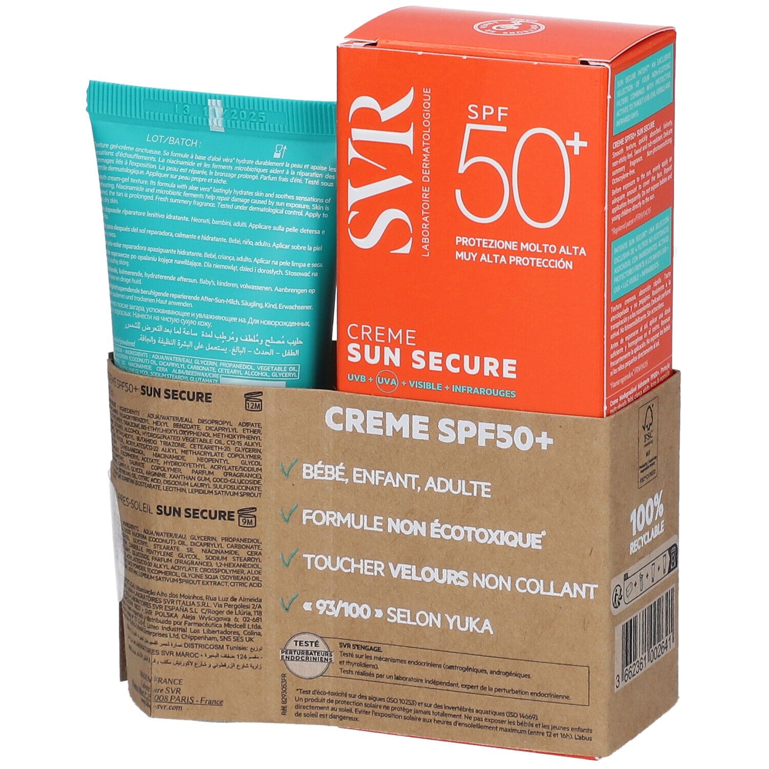 SVR Sun Secure Crème SPF50+ et Après-soleil. Boîte orange SPF50+. Tube turquoise. Emballage brun avec textes et note Yuka.