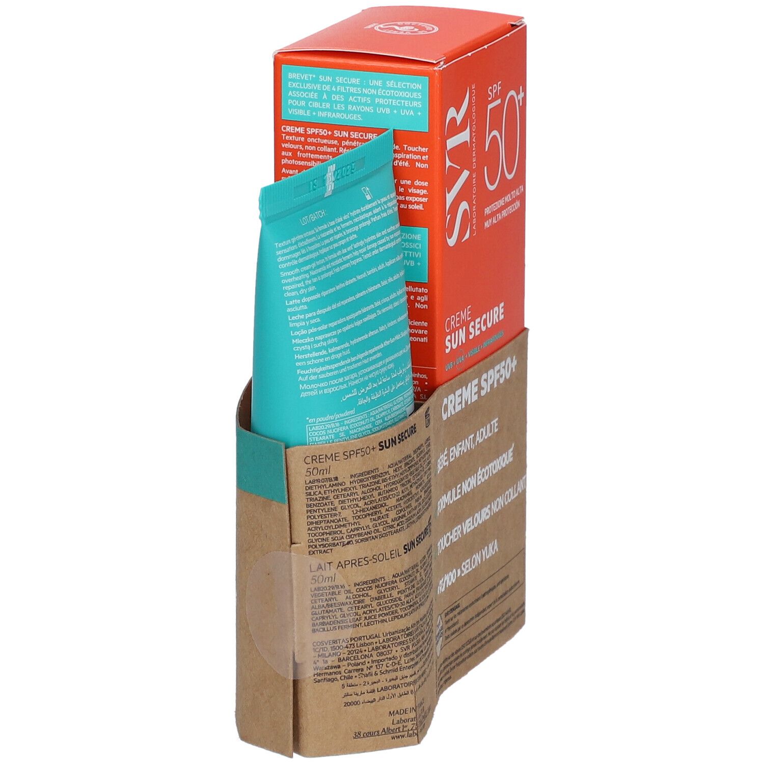 SVR Sun Secure Crème SPF50+ en boîte orange. Tube turquoise. Emballage brun avec textes. Vue latérale du produit.