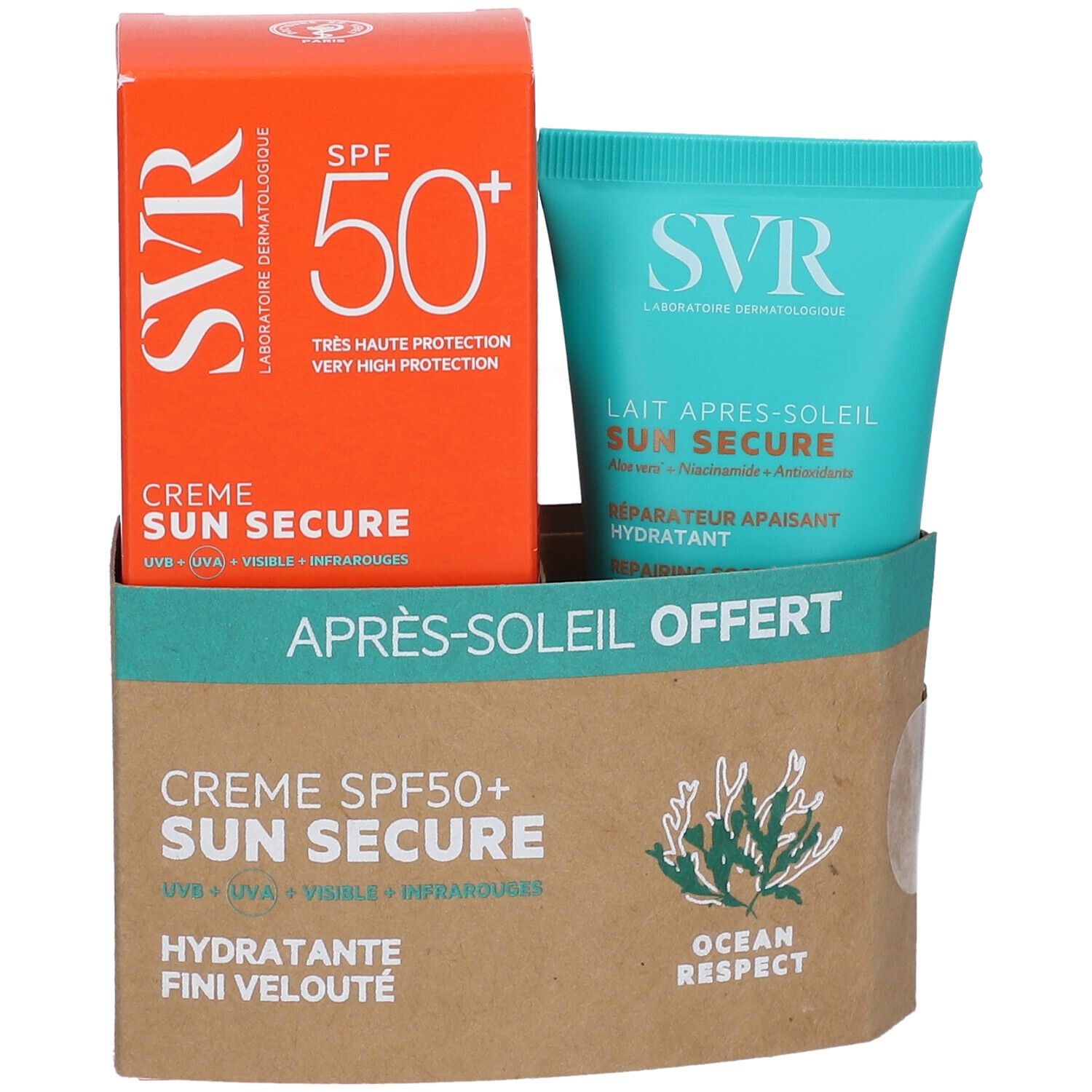 SVR Sun Secure Crème SPF50+ et Après-soleil. Boîte orange SPF50+. Tube turquoise. Emballage brun avec 'Après-soleil offert' et logo.