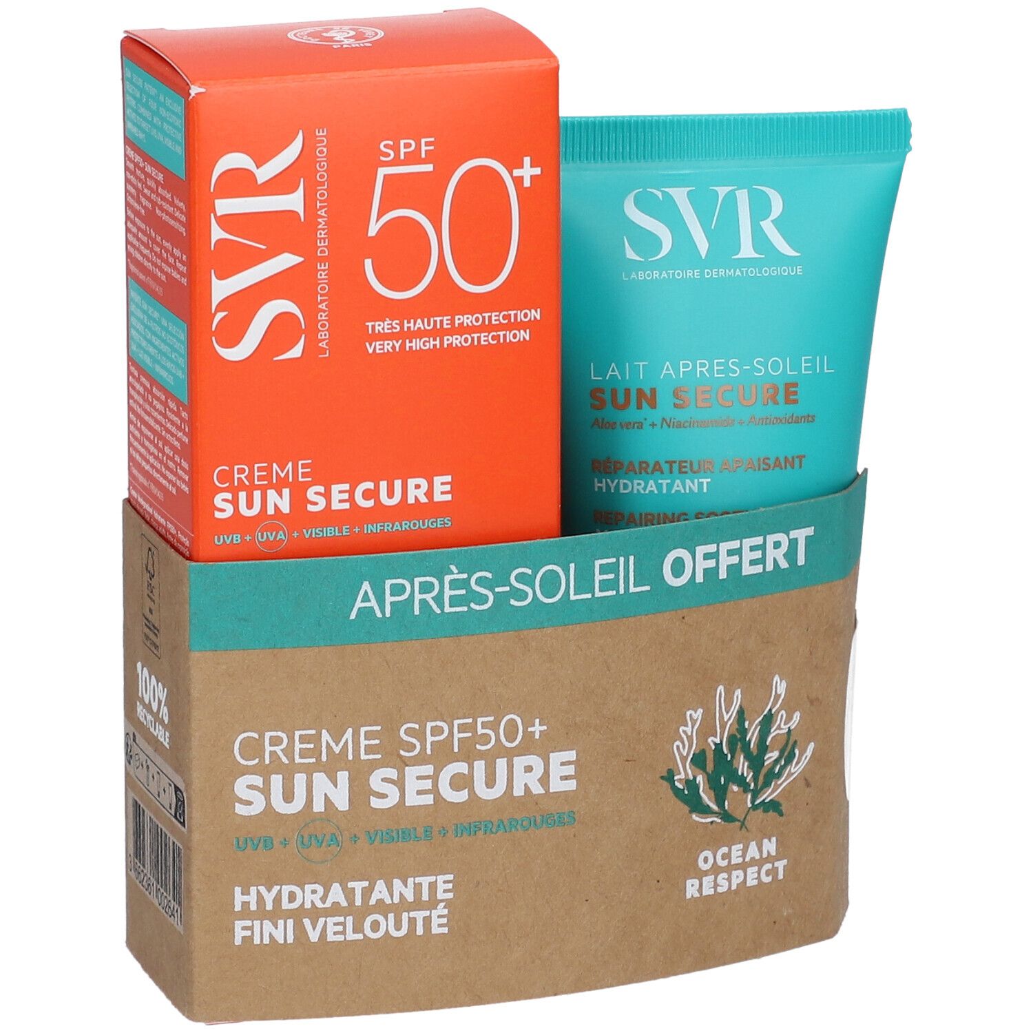 SVR Sun Secure Crème SPF50+ et Après-soleil. Boîte orange SPF50+. Tube turquoise. Emballage brun avec 'Après-soleil offert' et logo.