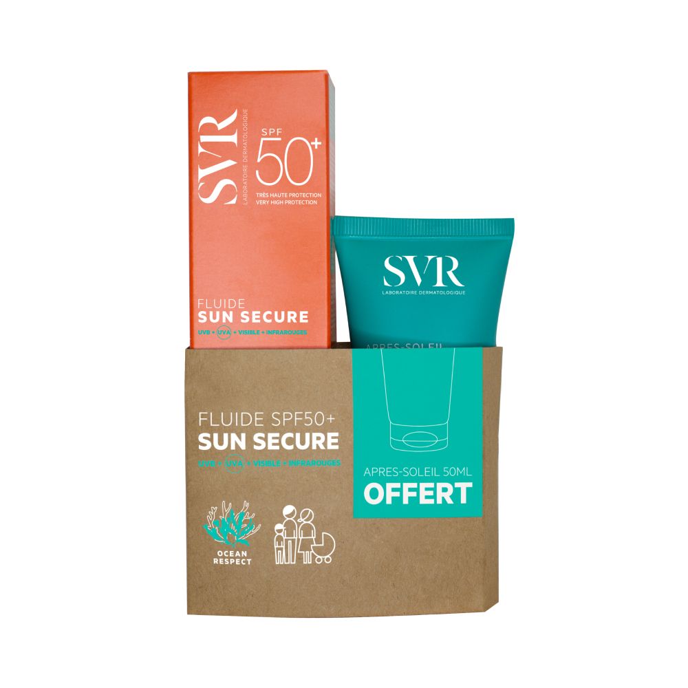 Verpakking met SVR Sun Secure. Oranje doos SPF50+ en turquoise tube. Kartonnen doos met 'Après-Soleil Offert'.