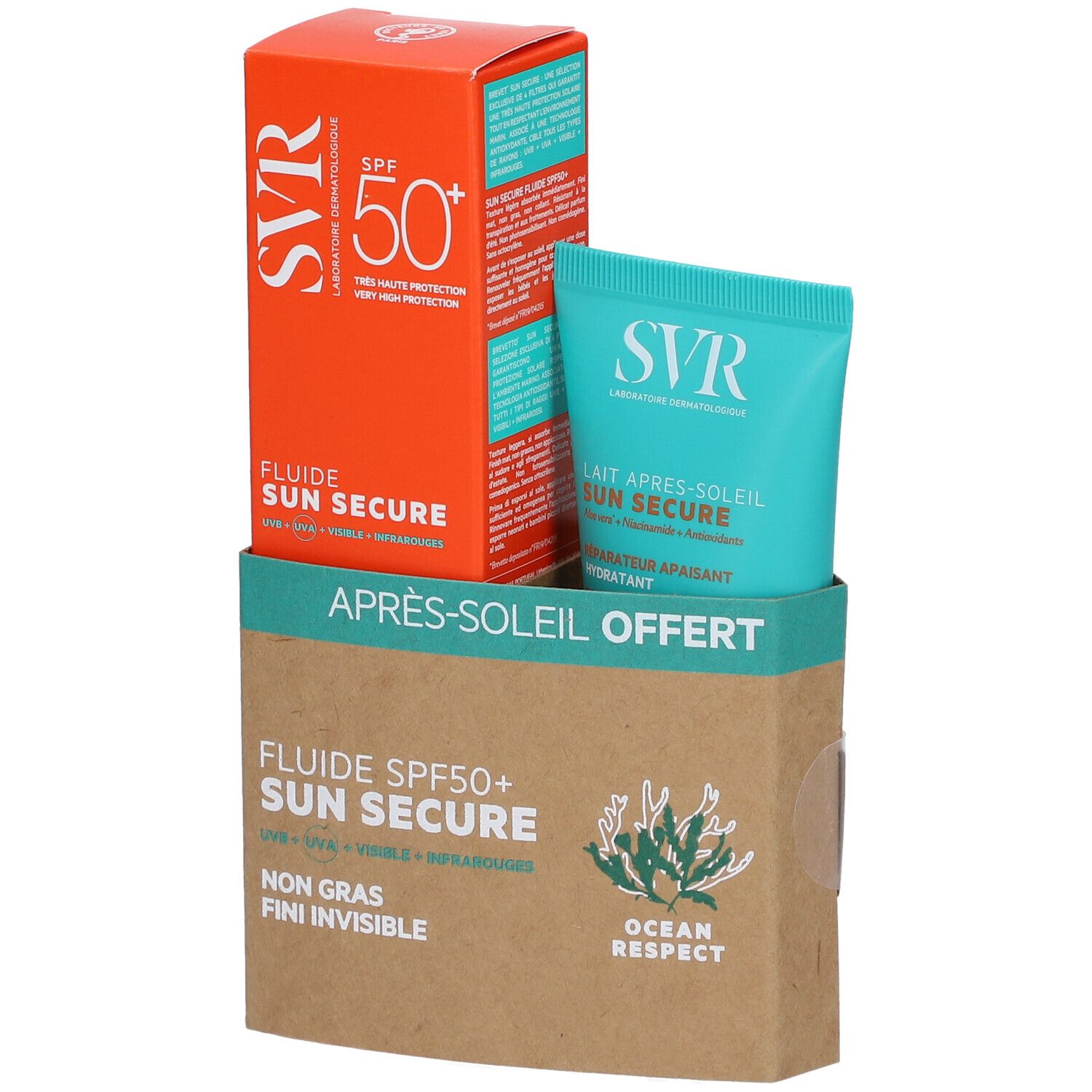 Verpackung mit Sonnencreme und After-Sun-Lotion. Orangefarbene Schachtel mit SPF50+. Türkisfarbene Tube. Karton mit Aufschrift 'Après-Soleil Offert'.
