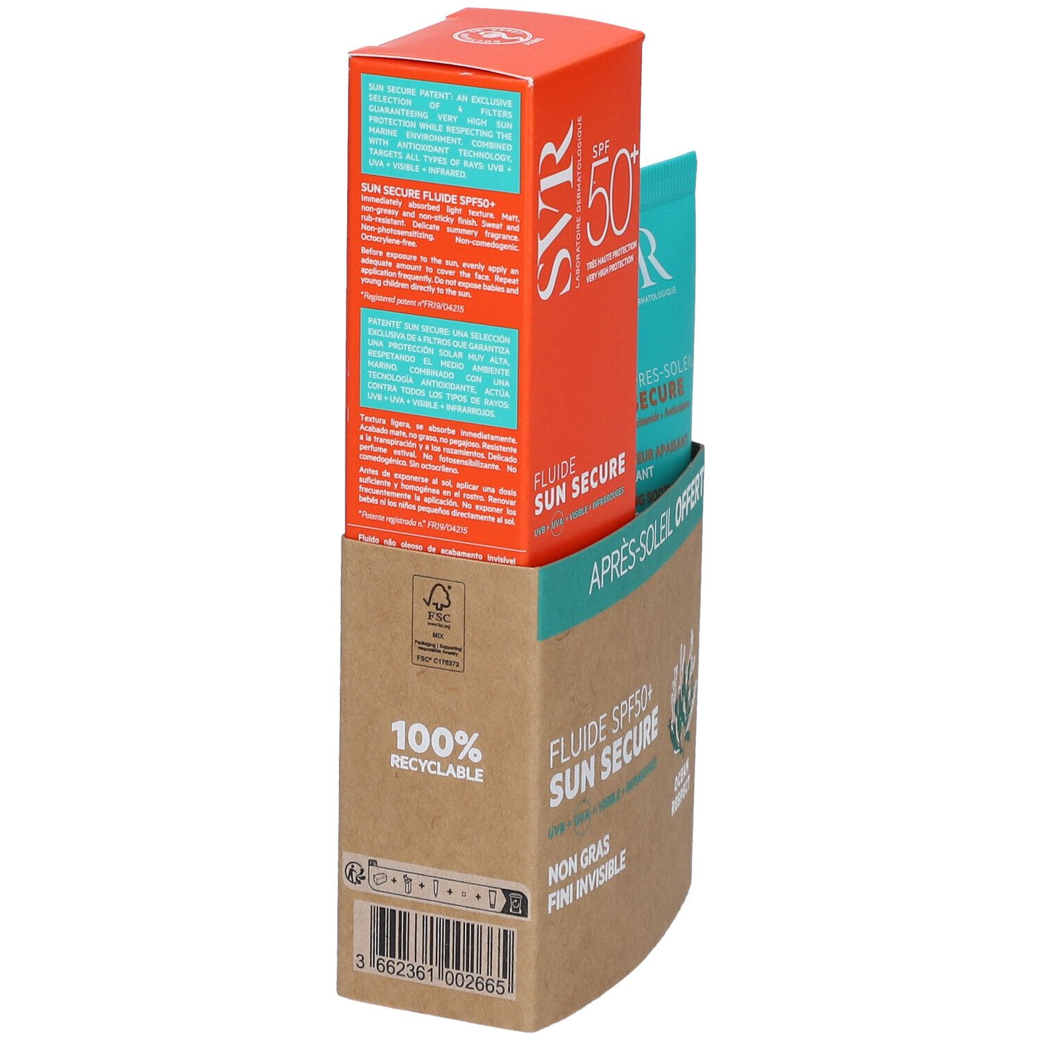 Verpackung mit Sonnencreme und After-Sun-Lotion. Orangefarbene Schachtel mit SPF50+. Türkisfarbene Tube. Karton mit Recycling-Logo.