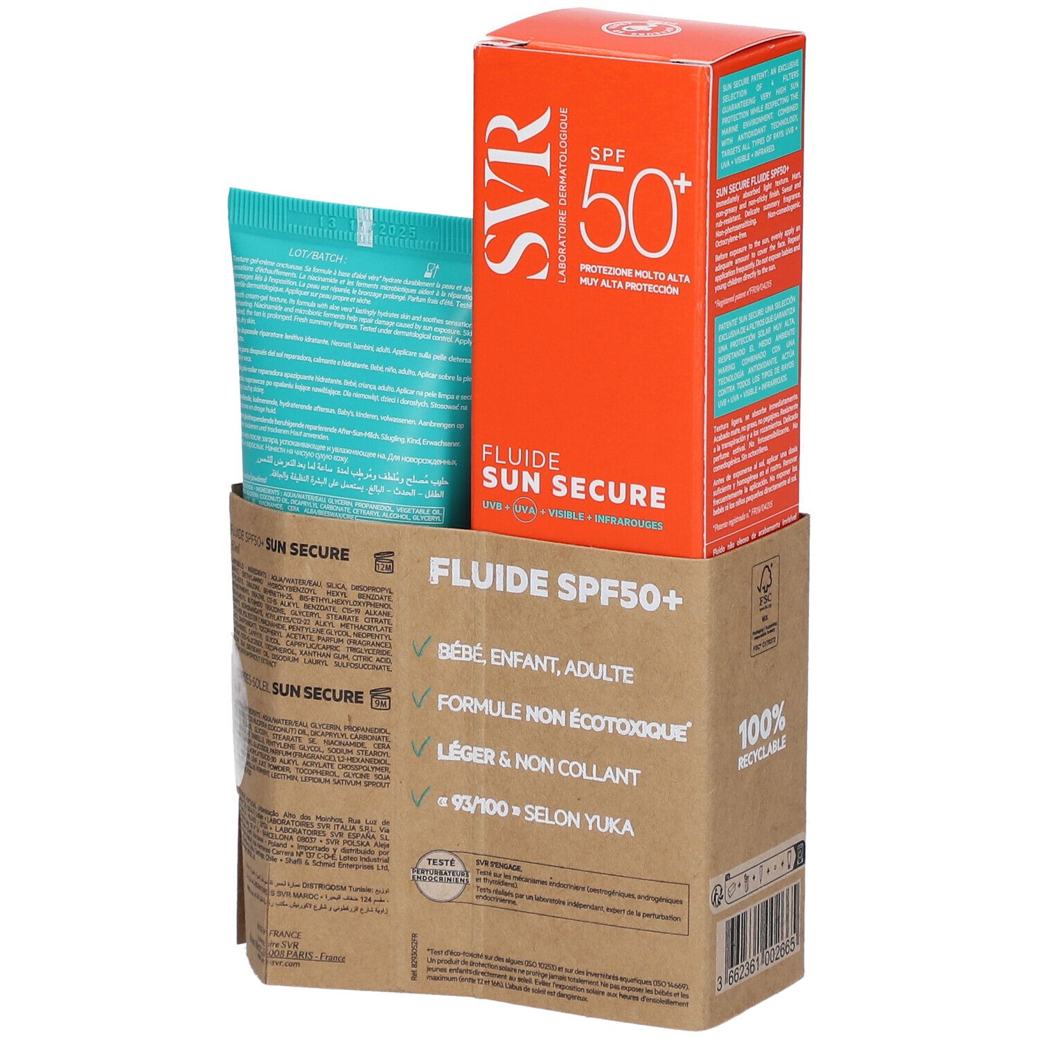 Verpackung mit Sonnencreme und After-Sun-Lotion. Orangefarbene Schachtel mit SPF50+. Türkisfarbene Tube. Karton mit Produktinformationen.